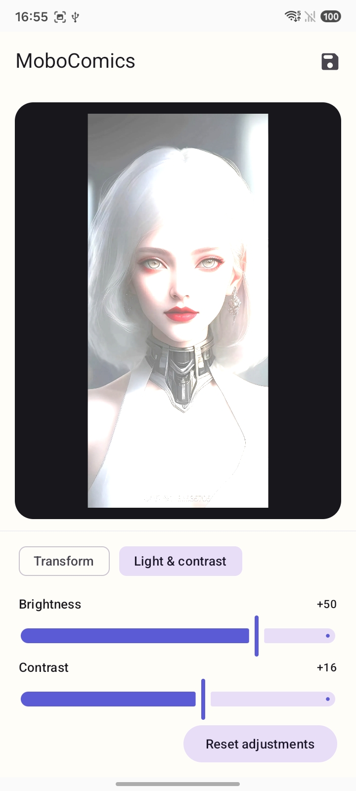 MoboComics Light and contrast sliders